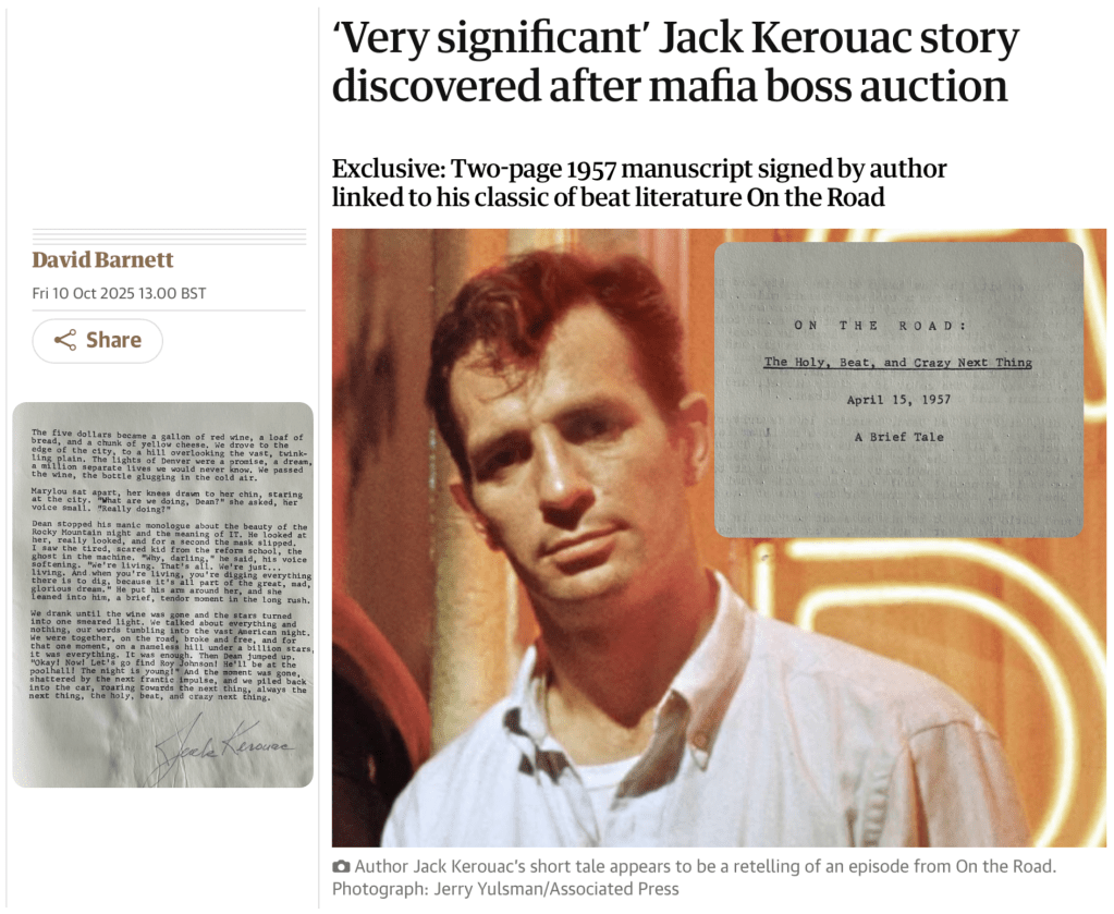 Newly discovered two-page typewritten manuscript signed by Jack Kerouac, languishing in the files of an assassinated Mafia crime&nbsp;boss