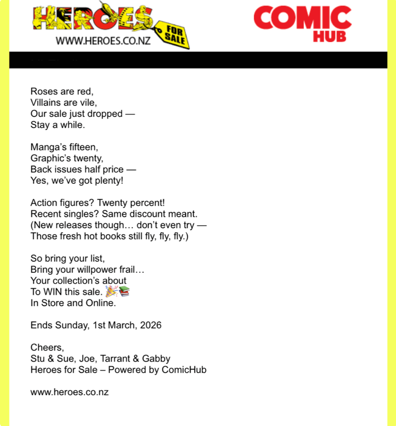 New Zealand’s Premiere Comic Bookstore Uses Iambic Dimeter to Promote a&nbsp;Sale